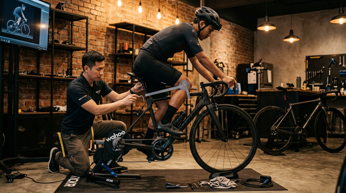 Professional bike fitting session in a cycling studio