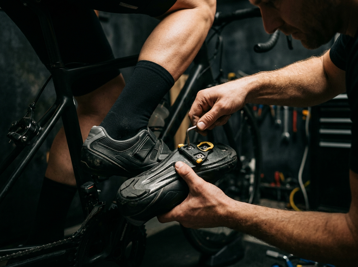 Professional bike fitter adjusting cleats